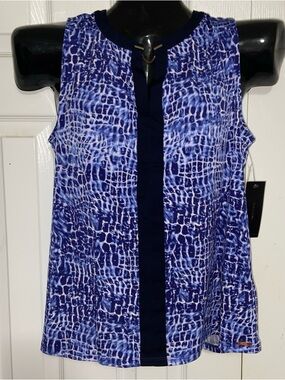 Tahari Blue Printed Sleeveless Keyhole Tank